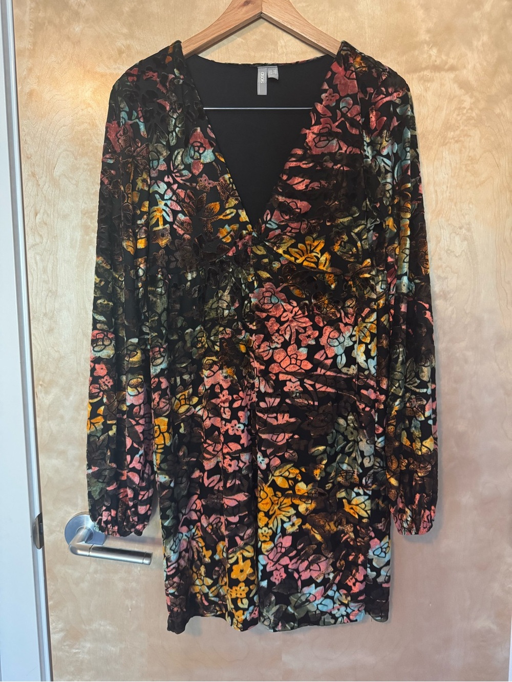 Black Velvet Floral Wrap Dress with Multicolor Blooms